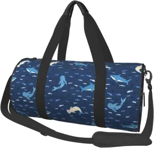 Sharks on blue background Round Travel Duffel Bag Large Capacity Gym Sports Bags for Hiking Vacation Trips