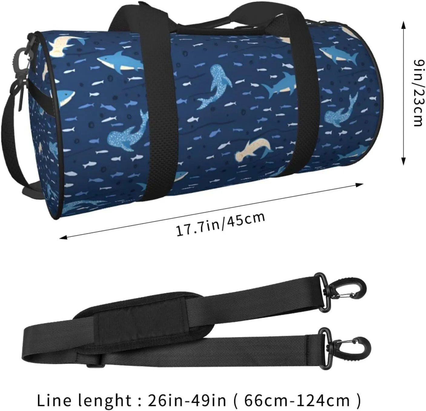 Sharks on blue background Round Travel Duffel Bag Large Capacity Gym Sports Bags for Hiking Vacation Trips