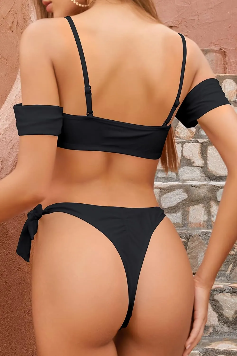 SHEKINI Women's Off Shoulder Bandeau Bikini Set High Cut Side Tie Thong Two Piece Swimsuit