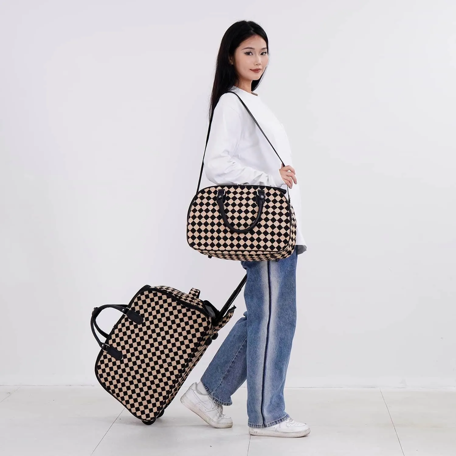 Shop LC Set of 2 Beige with Butterfly Travel Bag - Large Wheeled Rolling Duffel Bag and Small Duffel Bag Mothers Day Gifts
