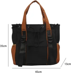 Shoulder Tote Bag with Zipper and Drawstring Multipocket for Women and Men, Nylon Handbag Casual bag for Travel Work