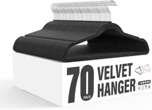 Simple Deluxe Velvet Hangers 70 Pack, Non-Slip Clothes Hangers with Shoulder Notches, 360° Swivel Hooks, Heavy Duty Coat Suit Hangers for Closet Space Saving, Black