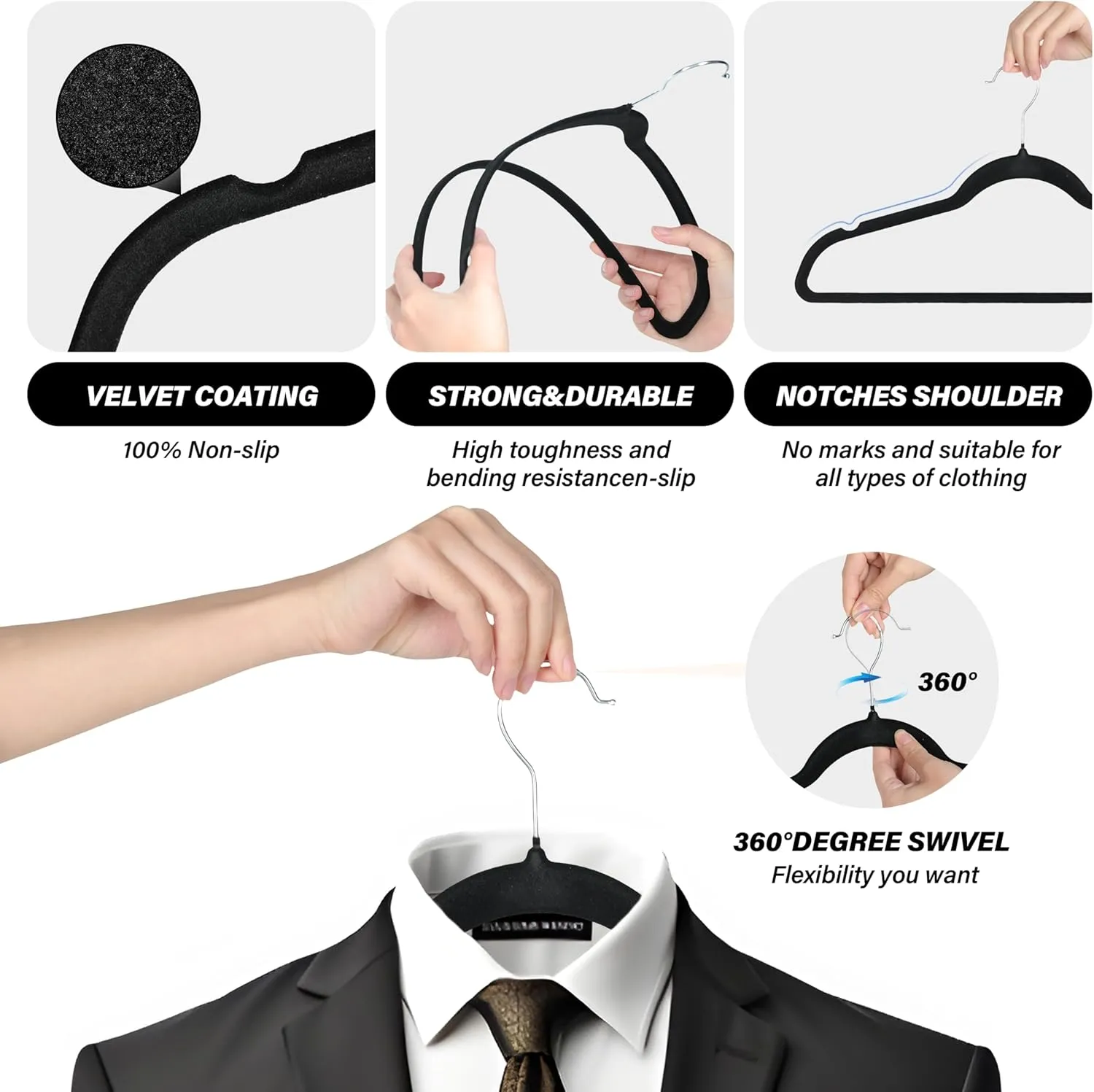Simple Deluxe Velvet Hangers 70 Pack, Non-Slip Clothes Hangers with Shoulder Notches, 360° Swivel Hooks, Heavy Duty Coat Suit Hangers for Closet Space Saving, Black