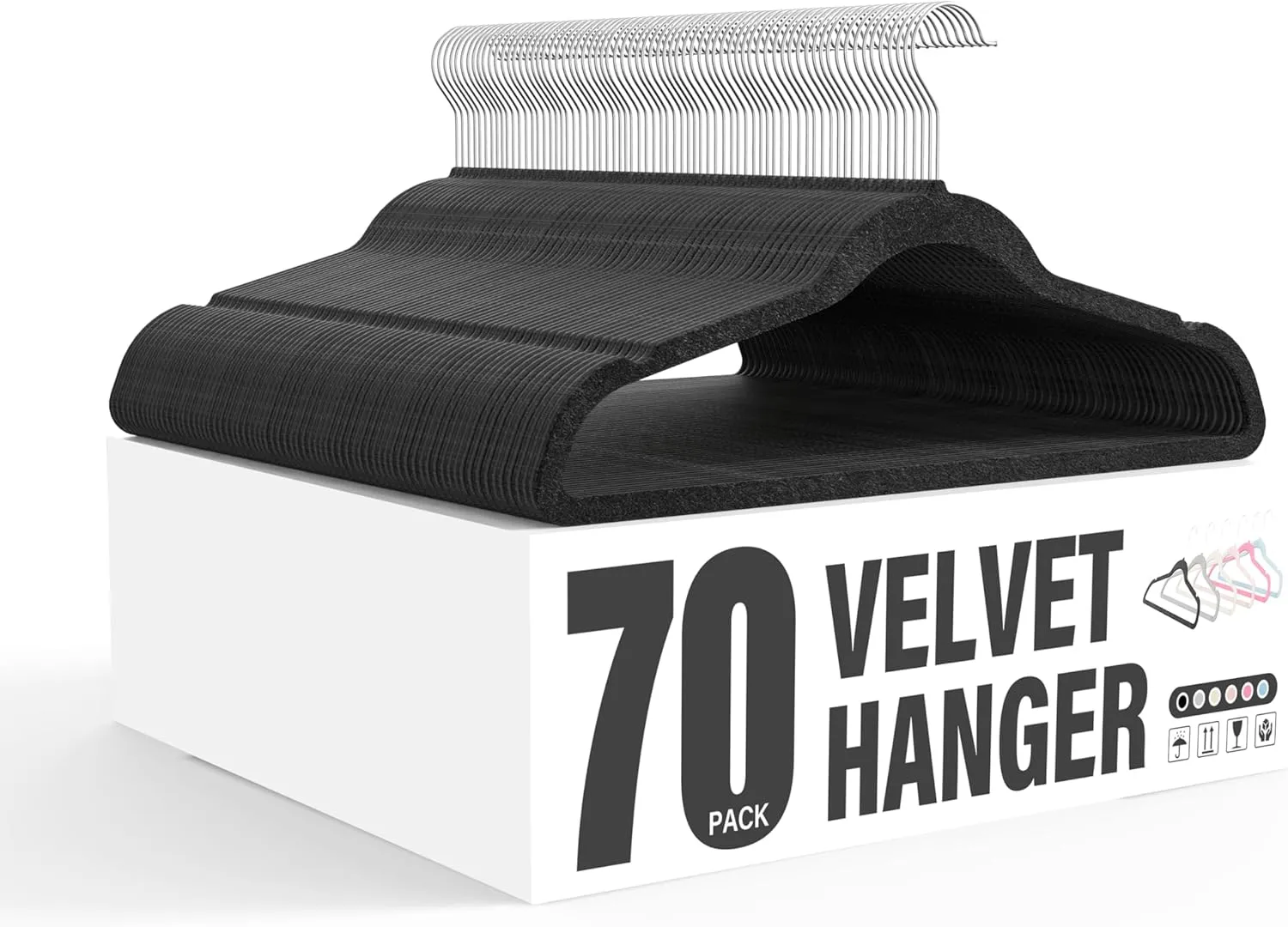 Simple Deluxe Velvet Hangers 70 Pack, Non-Slip Clothes Hangers with Shoulder Notches, 360° Swivel Hooks, Heavy Duty Coat Suit Hangers for Closet Space Saving, Black