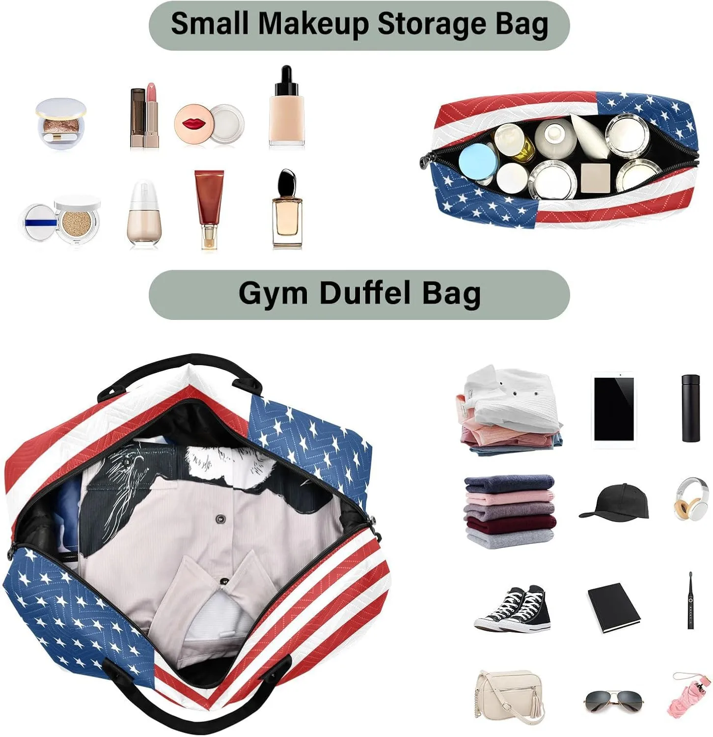 Sinestour American Usa Flag Travel Duffel Bag for Men Women with Makeup Bag Weekend Overnight Carry On Bags for Airline Travel Gym