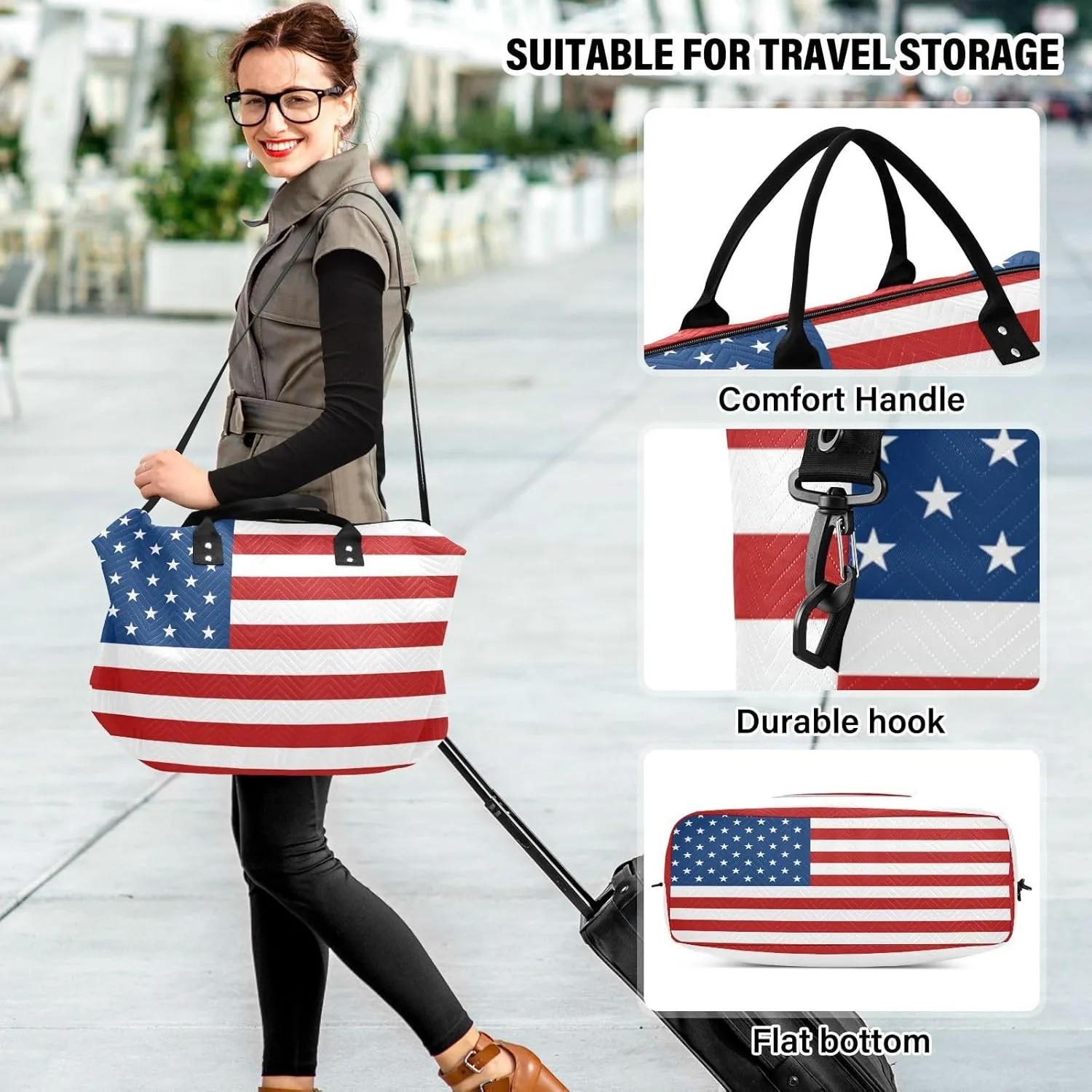 Sinestour American Usa Flag Travel Duffel Bag for Men Women with Makeup Bag Weekend Overnight Carry On Bags for Airline Travel Gym