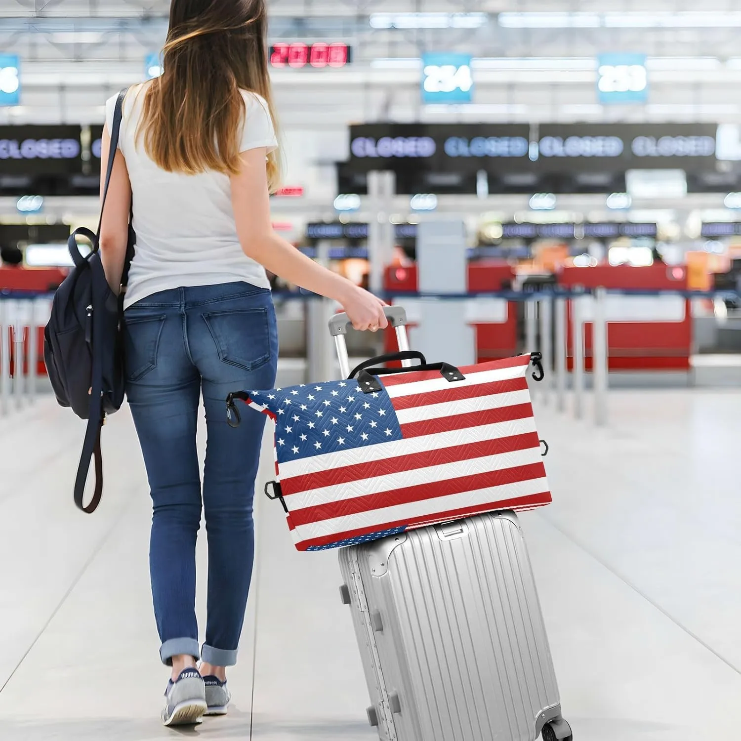Sinestour American Usa Flag Travel Duffel Bag for Men Women with Makeup Bag Weekend Overnight Carry On Bags for Airline Travel Gym