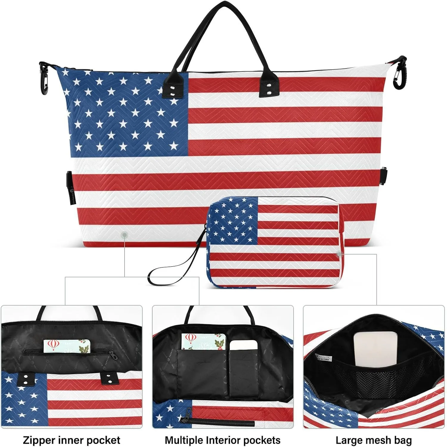 Sinestour American Usa Flag Travel Duffel Bag for Men Women with Makeup Bag Weekend Overnight Carry On Bags for Airline Travel Gym
