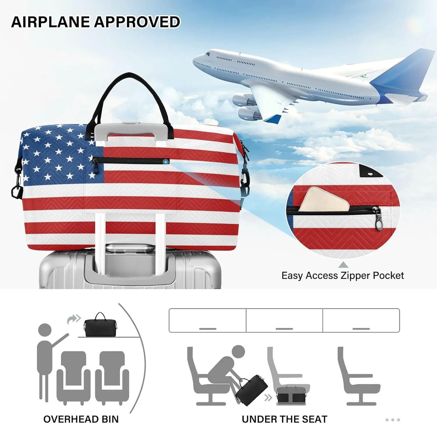 Sinestour American Usa Flag Travel Duffel Bag for Men Women with Makeup Bag Weekend Overnight Carry On Bags for Airline Travel Gym