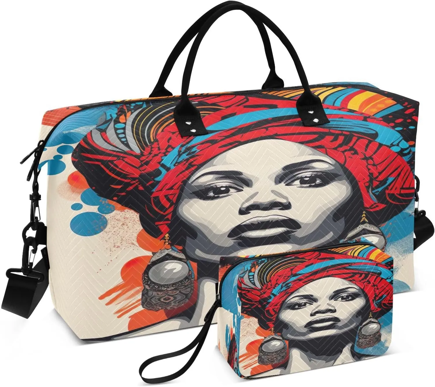 Sinestour Beautiful African Woman Travel Duffel Bag for Men Women with Makeup Bag Weekend Overnight Carry On Bags for Airline Travel Under Seat