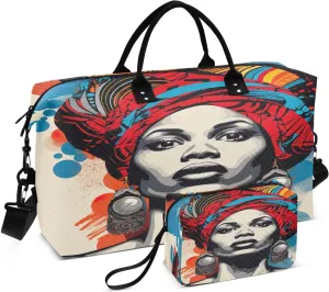 Sinestour Beautiful African Woman Travel Duffel Bag for Men Women with Makeup Bag Weekend Overnight Carry On Bags for Airline Travel Under Seat