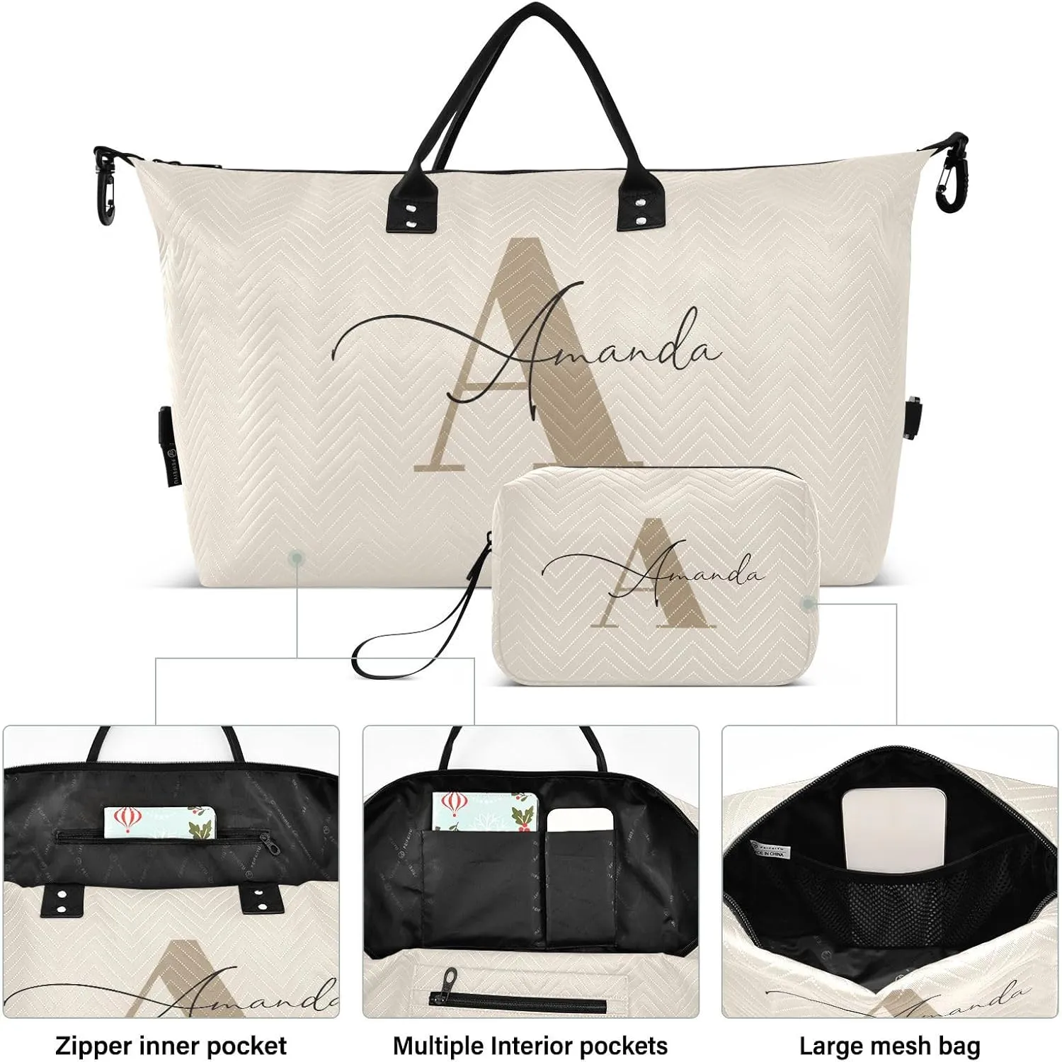 Sinestour Beige Custom Travel Duffel Bag for Men Women with Makeup Bag Personalized Weekend Overnight Carry On Bags for Airline Travel Gym