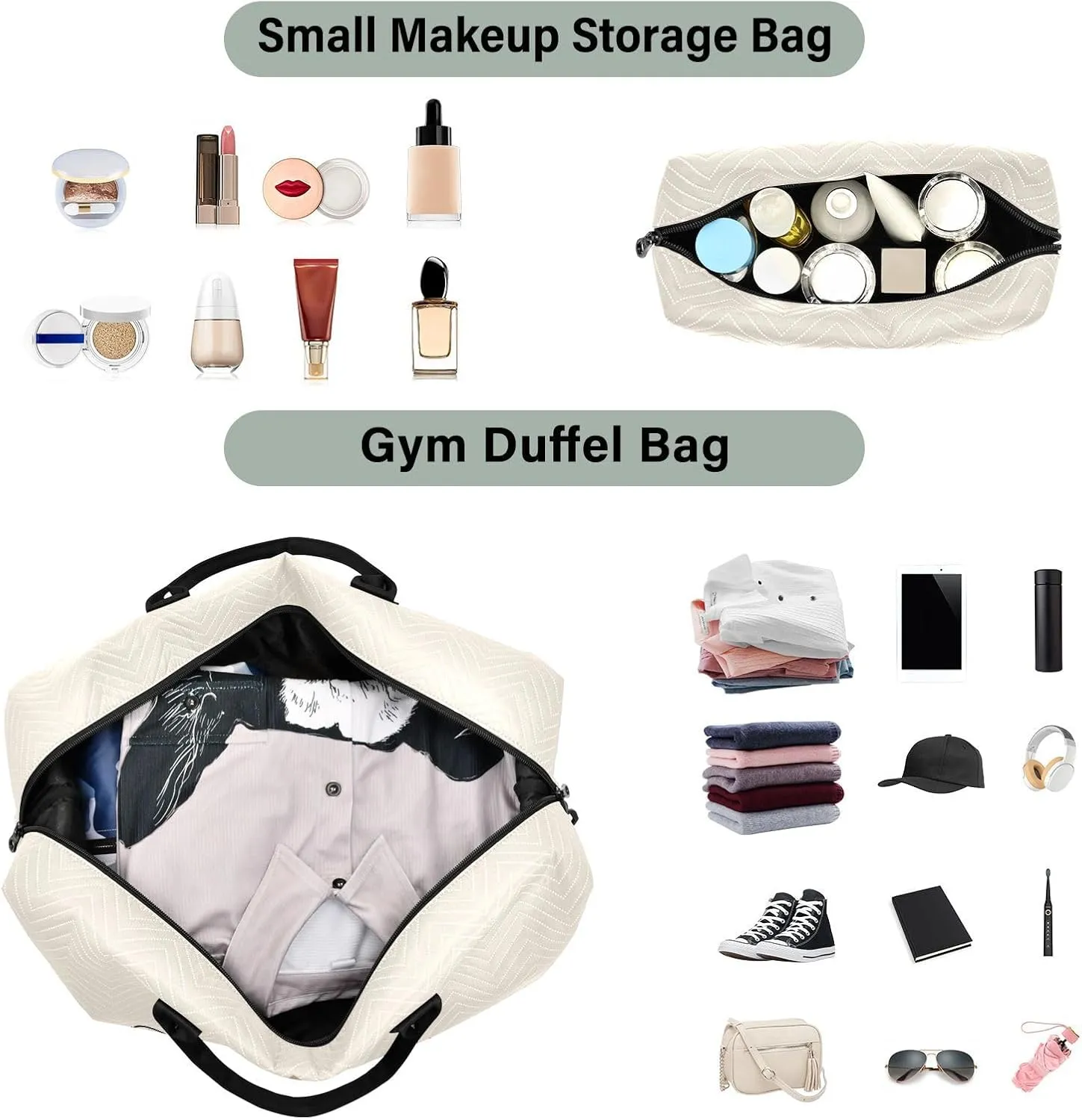 Sinestour Beige Custom Travel Duffel Bag for Men Women with Makeup Bag Personalized Weekend Overnight Carry On Bags for Airline Travel Gym