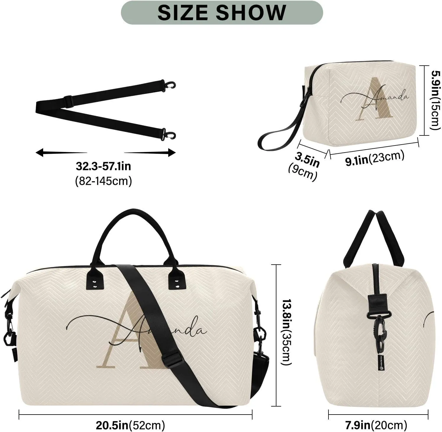 Sinestour Beige Custom Travel Duffel Bag for Men Women with Makeup Bag Personalized Weekend Overnight Carry On Bags for Airline Travel Gym