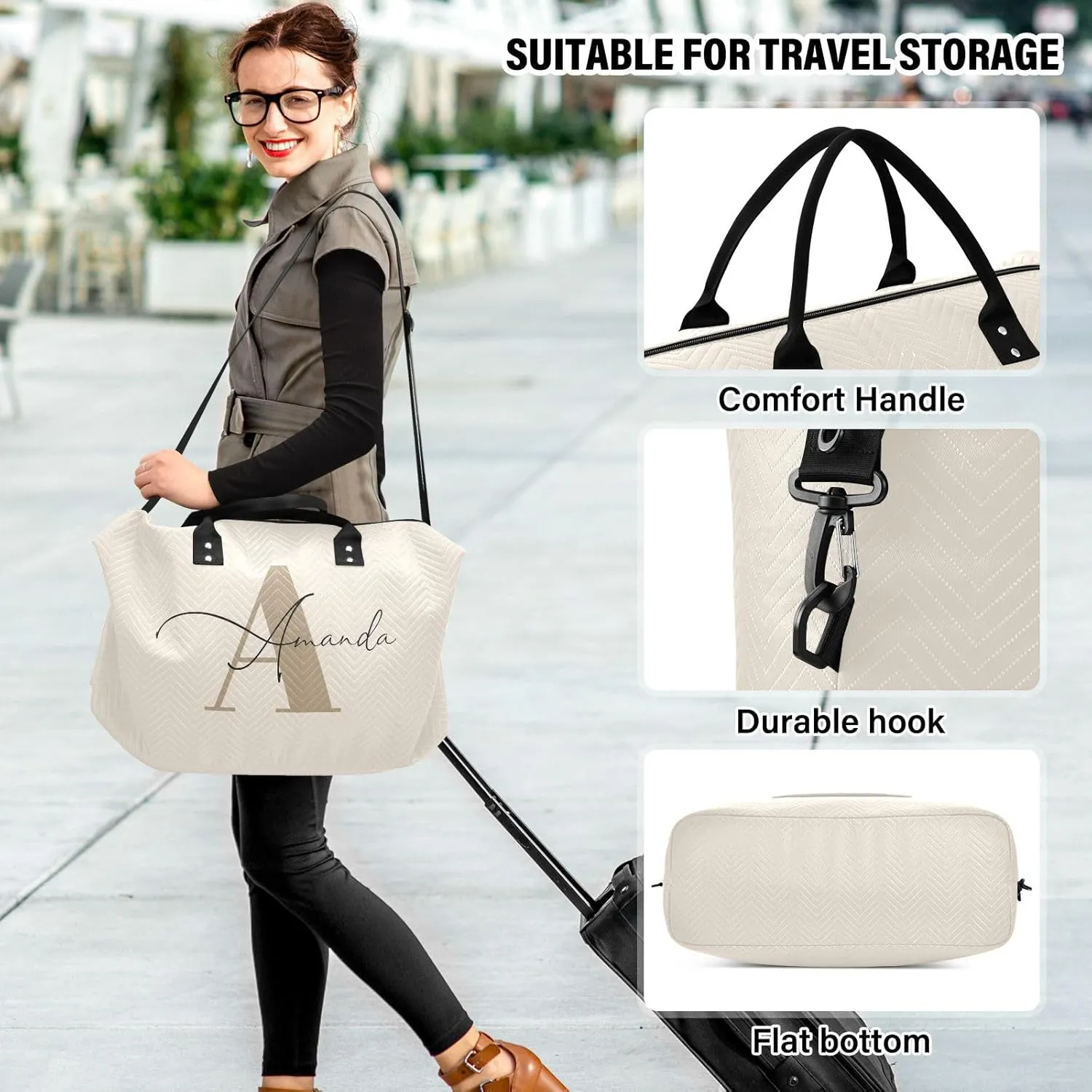 Sinestour Beige Custom Travel Duffel Bag for Men Women with Makeup Bag Personalized Weekend Overnight Carry On Bags for Airline Travel Gym