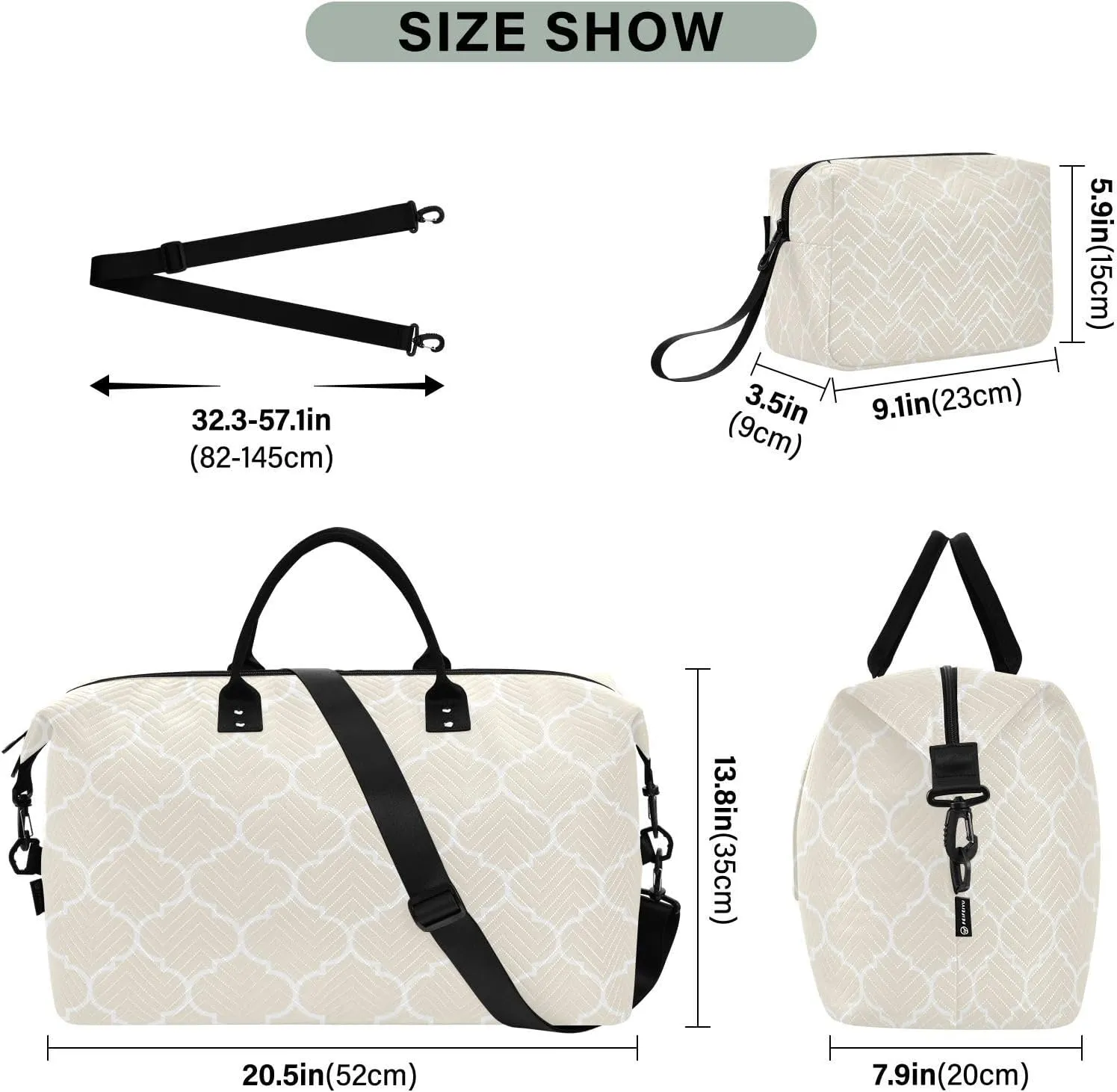 Sinestour Beige Moroccan Tile Travel Duffel Bag for Men Women with Makeup Bag Weekend Overnight Carry On Bags for Under Seat Travel Airline