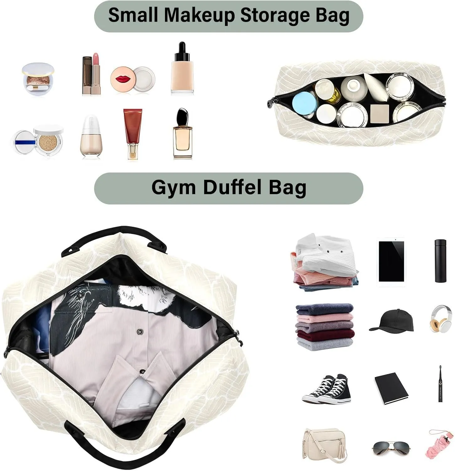 Sinestour Beige Moroccan Tile Travel Duffel Bag for Men Women with Makeup Bag Weekend Overnight Carry On Bags for Under Seat Travel Airline