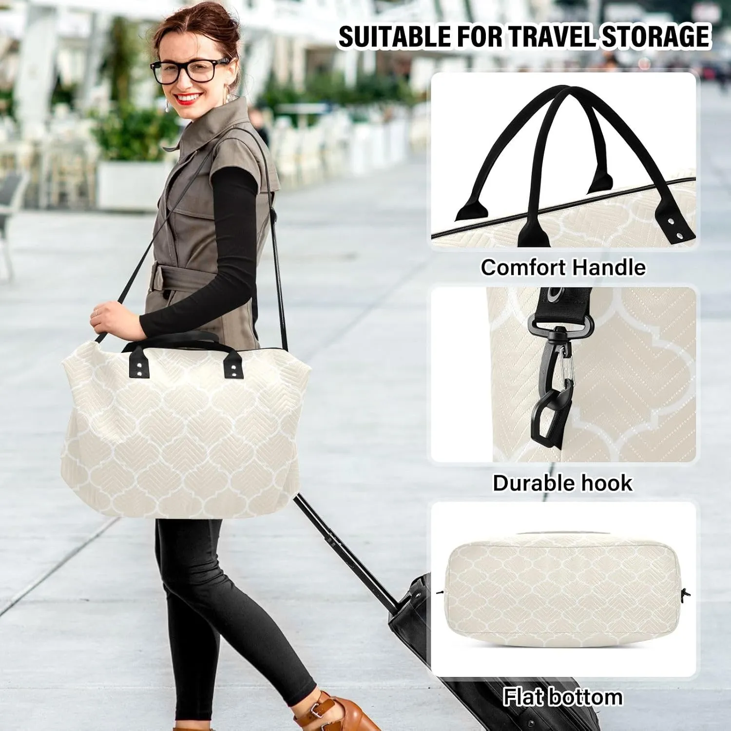 Sinestour Beige Moroccan Tile Travel Duffel Bag for Men Women with Makeup Bag Weekend Overnight Carry On Bags for Under Seat Travel Airline