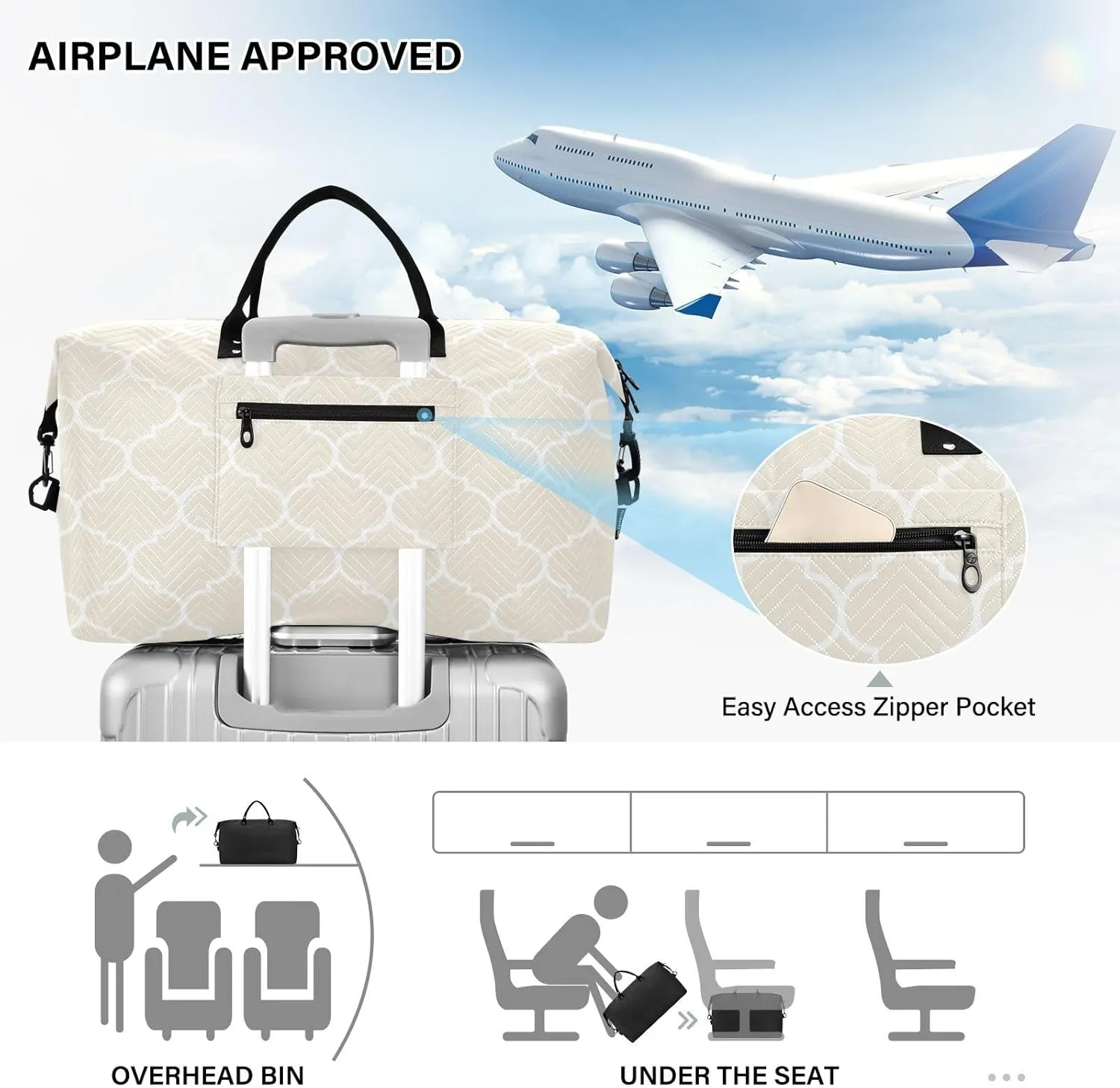 Sinestour Beige Moroccan Tile Travel Duffel Bag for Men Women with Makeup Bag Weekend Overnight Carry On Bags for Under Seat Travel Airline