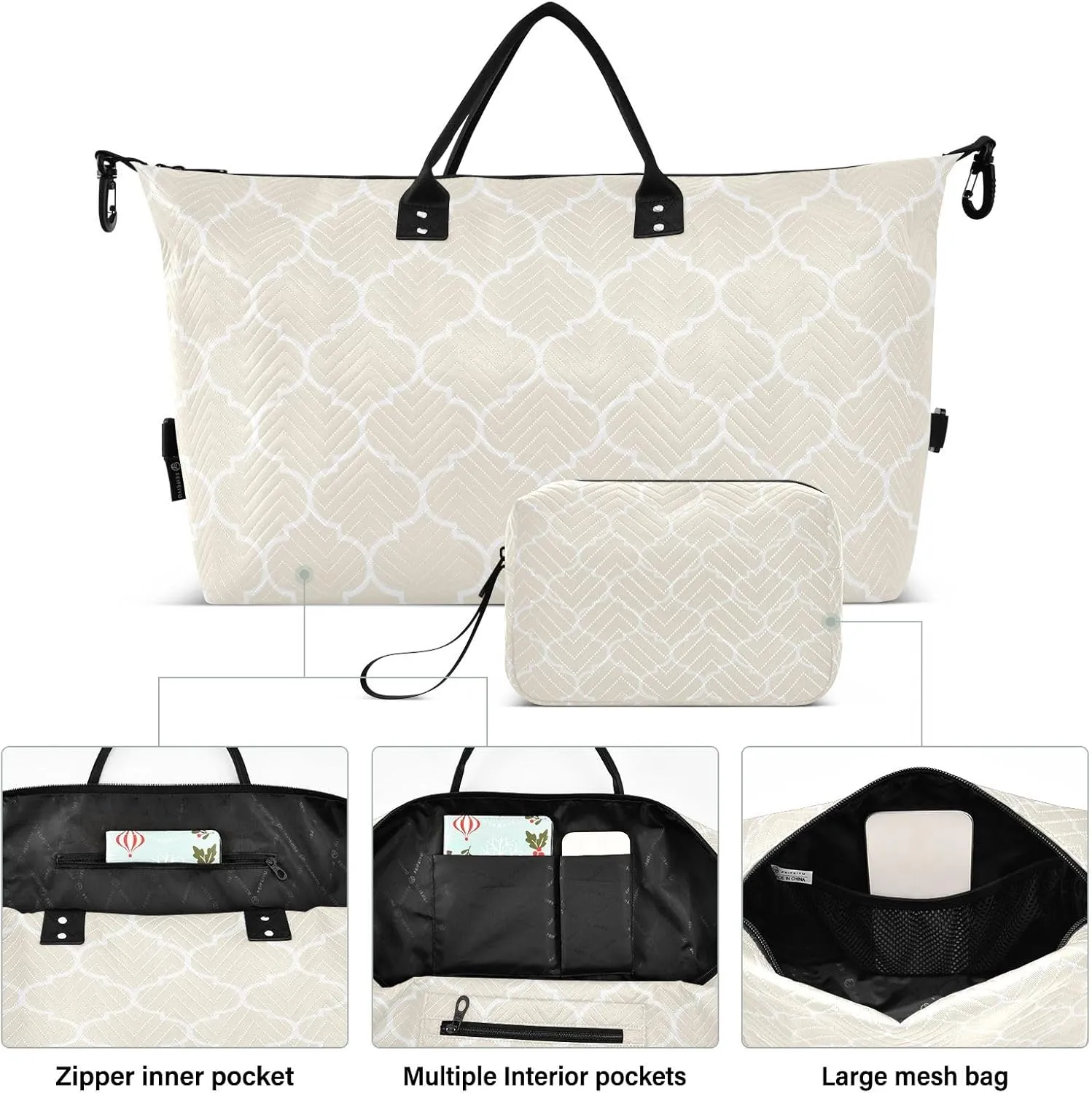 Sinestour Beige Moroccan Tile Travel Duffel Bag for Men Women with Makeup Bag Weekend Overnight Carry On Bags for Under Seat Travel Airline