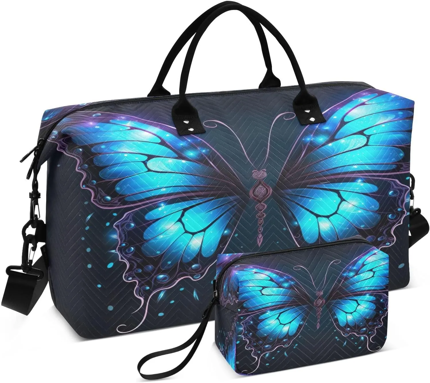 Sinestour Blue Butterfly Wings Black Travel Duffel Bag for Men Women with Makeup Bag Weekend Overnight Carry On Bags for Travel Hospital Gym