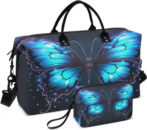 Sinestour Blue Butterfly Wings Black Travel Duffel Bag for Men Women with Makeup Bag Weekend Overnight Carry On Bags for Travel Hospital Gym