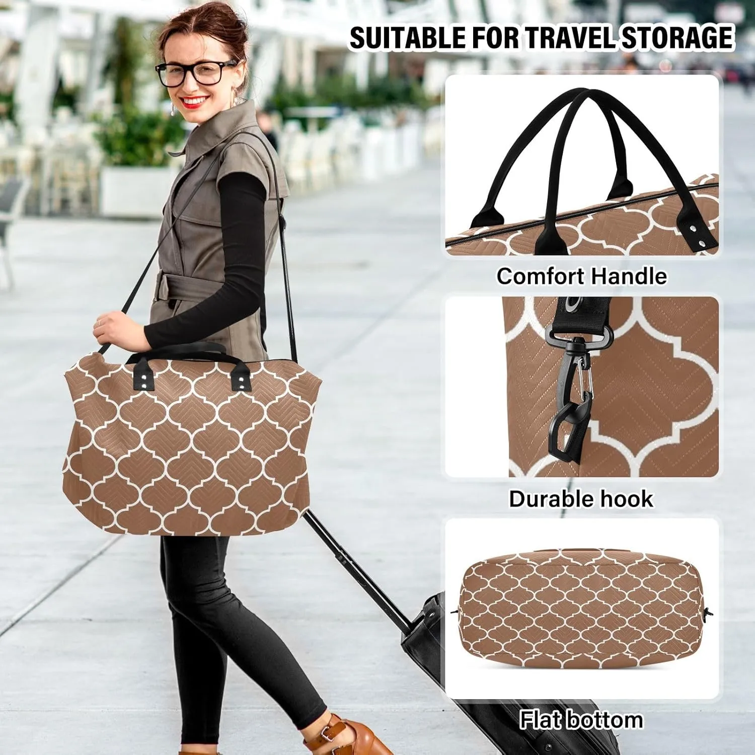 Sinestour Brown Moroccan Tile Travel Duffel Bag for Men Women with Makeup Bag Weekend Overnight Carry On Bags for Yoga Travel Gym