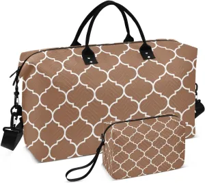 Sinestour Brown Moroccan Tile Travel Duffel Bag for Men Women with Makeup Bag Weekend Overnight Carry On Bags for Yoga Travel Gym