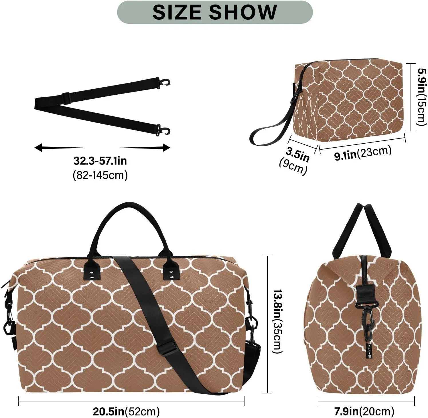Sinestour Brown Moroccan Tile Travel Duffel Bag for Men Women with Makeup Bag Weekend Overnight Carry On Bags for Yoga Travel Gym