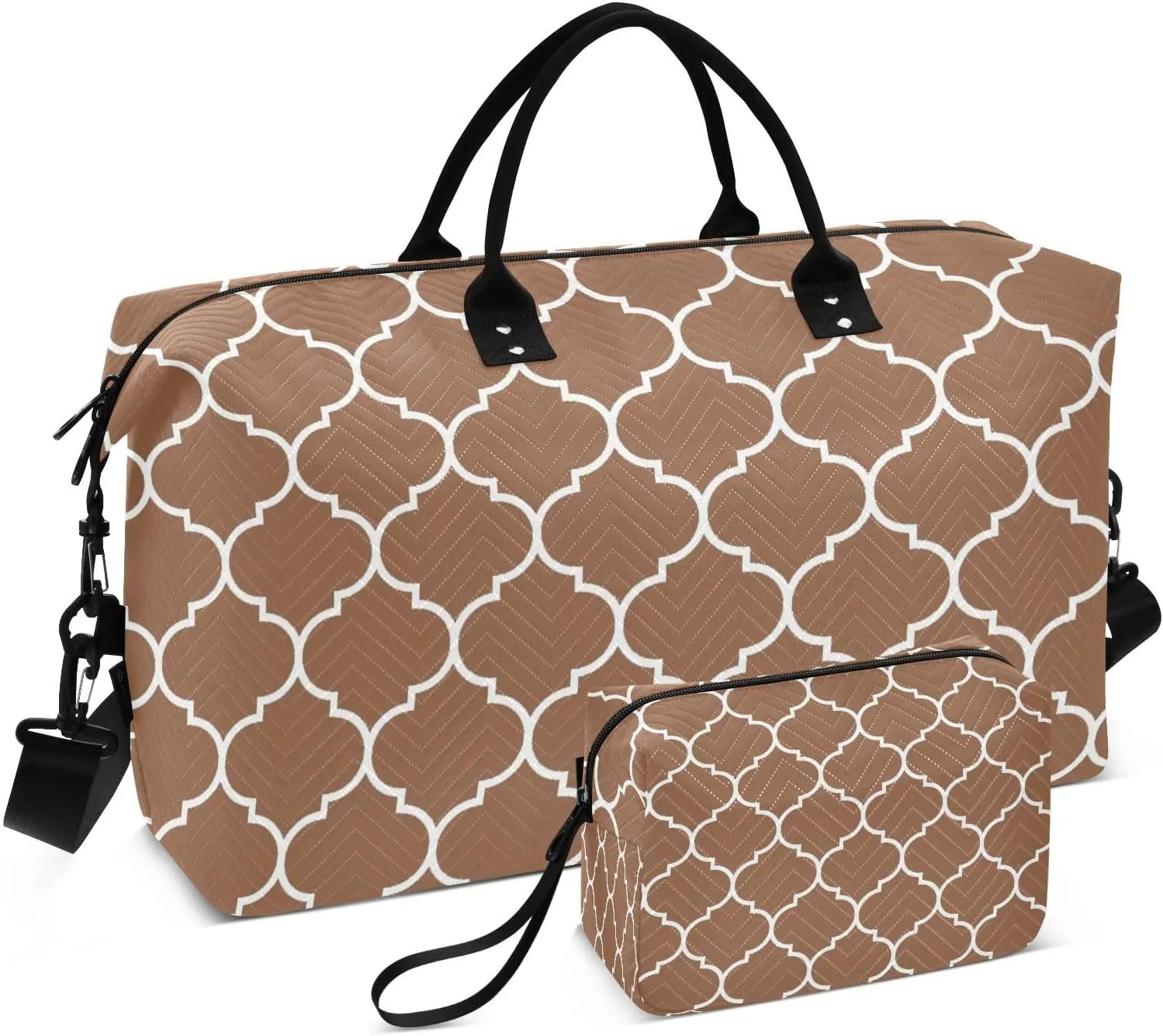 Sinestour Brown Moroccan Tile Travel Duffel Bag for Men Women with Makeup Bag Weekend Overnight Carry On Bags for Yoga Travel Gym