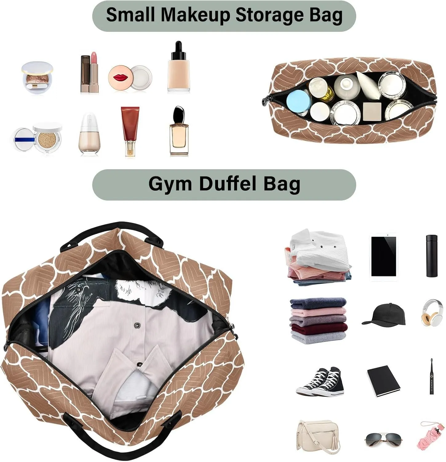 Sinestour Brown Moroccan Tile Travel Duffel Bag for Men Women with Makeup Bag Weekend Overnight Carry On Bags for Yoga Travel Gym