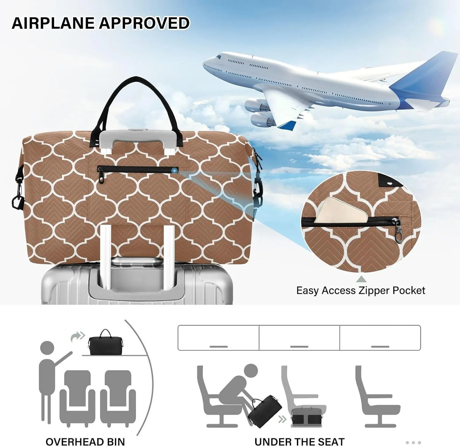 Sinestour Brown Moroccan Tile Travel Duffel Bag for Men Women with Makeup Bag Weekend Overnight Carry On Bags for Yoga Travel Gym