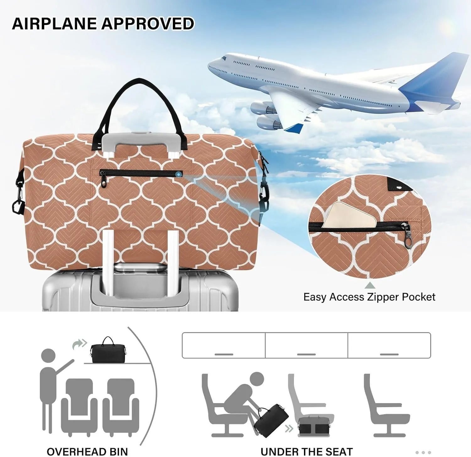 Sinestour Camel Moroccan Tile Travel Duffel Bag for Men Women with Makeup Bag Weekend Overnight Carry On Bags for Airline Travel Gym