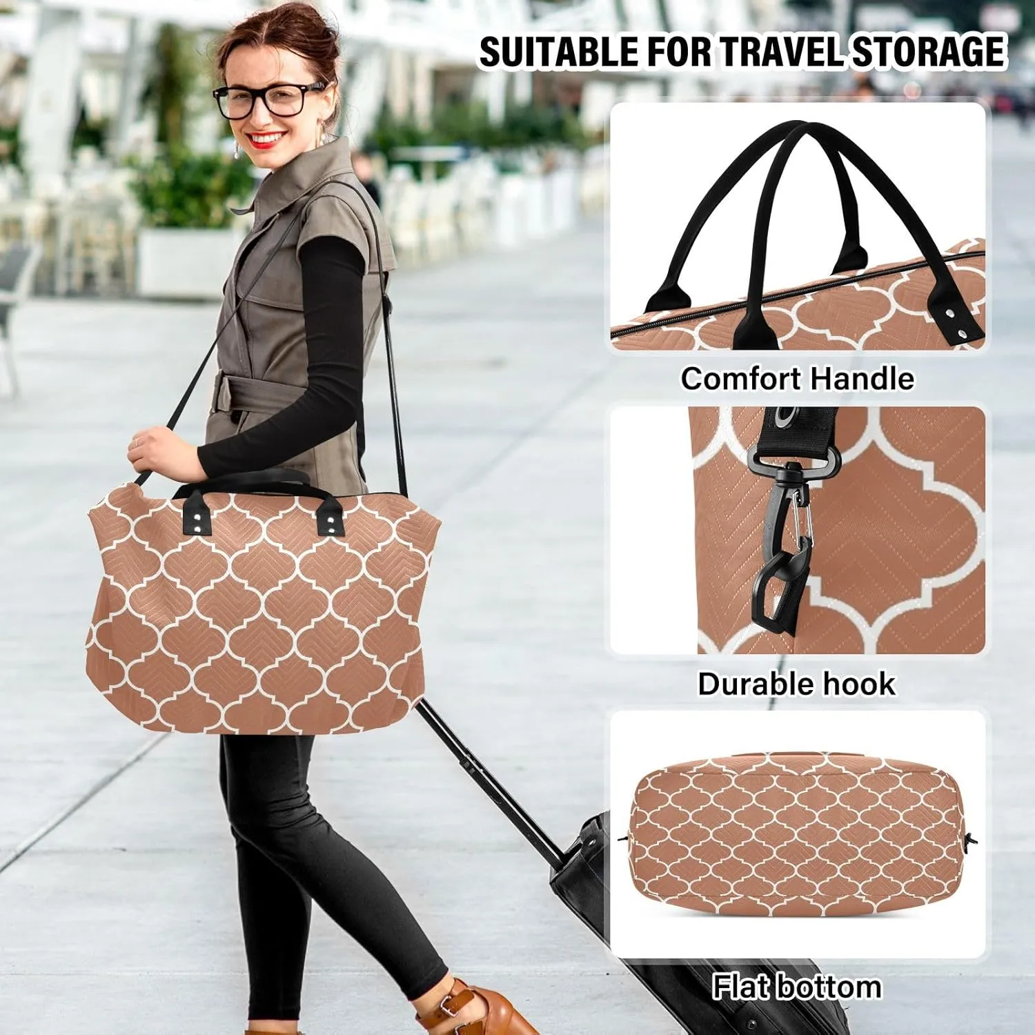 Sinestour Camel Moroccan Tile Travel Duffel Bag for Men Women with Makeup Bag Weekend Overnight Carry On Bags for Airline Travel Gym