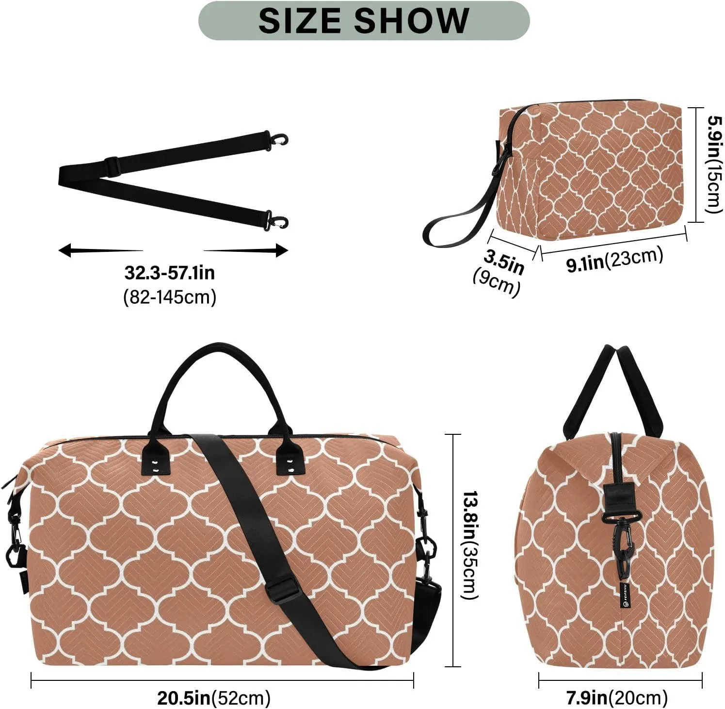 Sinestour Camel Moroccan Tile Travel Duffel Bag for Men Women with Makeup Bag Weekend Overnight Carry On Bags for Airline Travel Gym