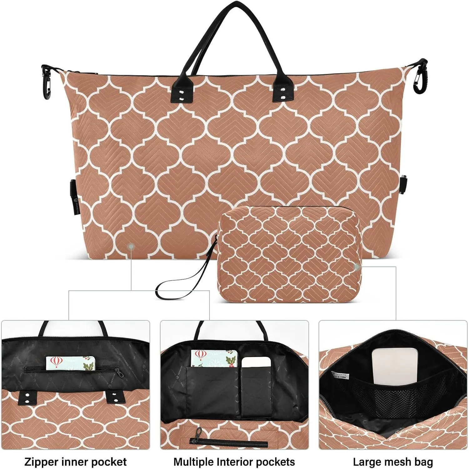 Sinestour Camel Moroccan Tile Travel Duffel Bag for Men Women with Makeup Bag Weekend Overnight Carry On Bags for Airline Travel Gym
