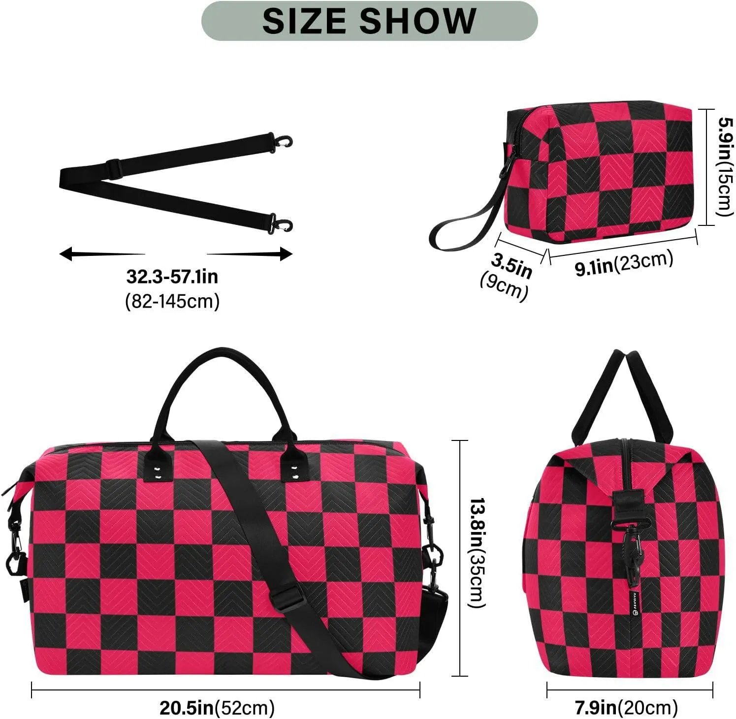 Sinestour Checkerboard Black Red Plaid Travel Duffel Bag for Men Women with Makeup Bag Weekend Overnight Carry On Bags for Travel Gym Yoga