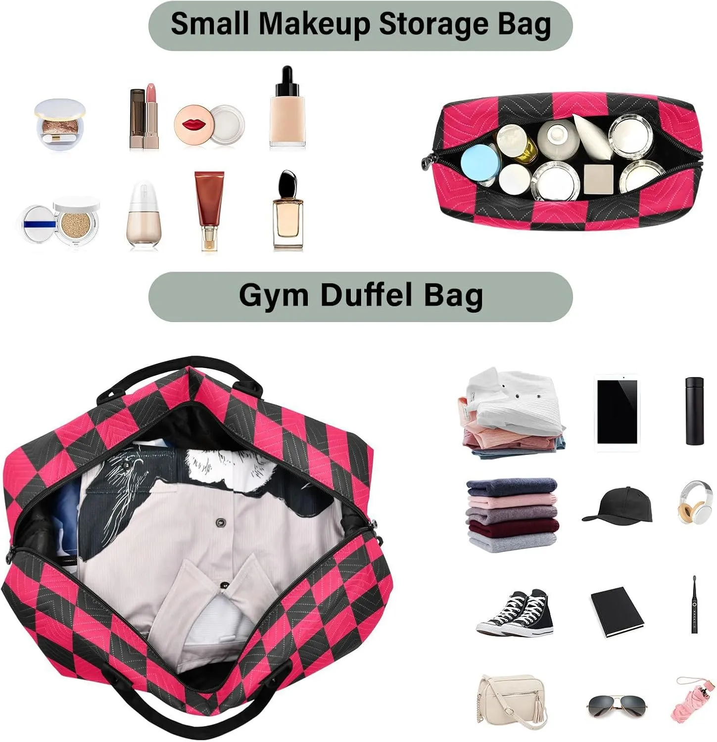 Sinestour Checkerboard Black Red Plaid Travel Duffel Bag for Men Women with Makeup Bag Weekend Overnight Carry On Bags for Travel Gym Yoga