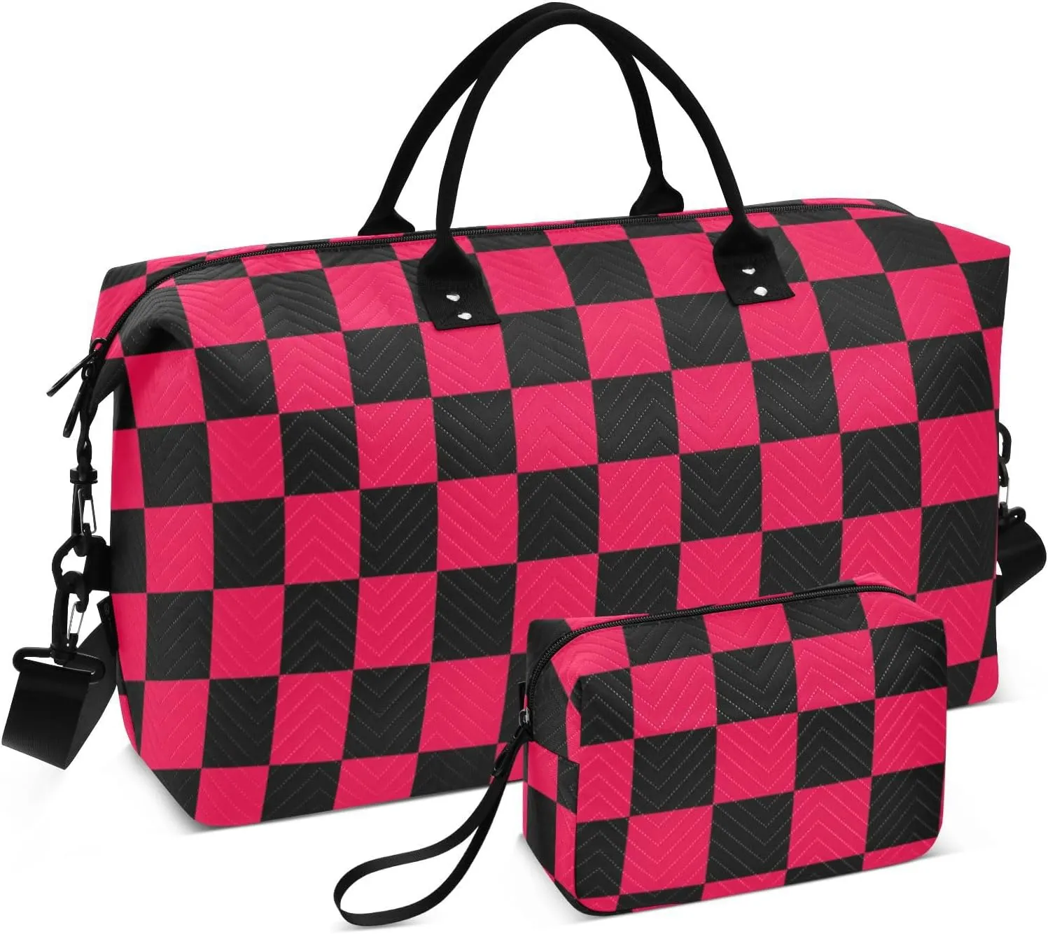 Sinestour Checkerboard Black Red Plaid Travel Duffel Bag for Men Women with Makeup Bag Weekend Overnight Carry On Bags for Travel Gym Yoga