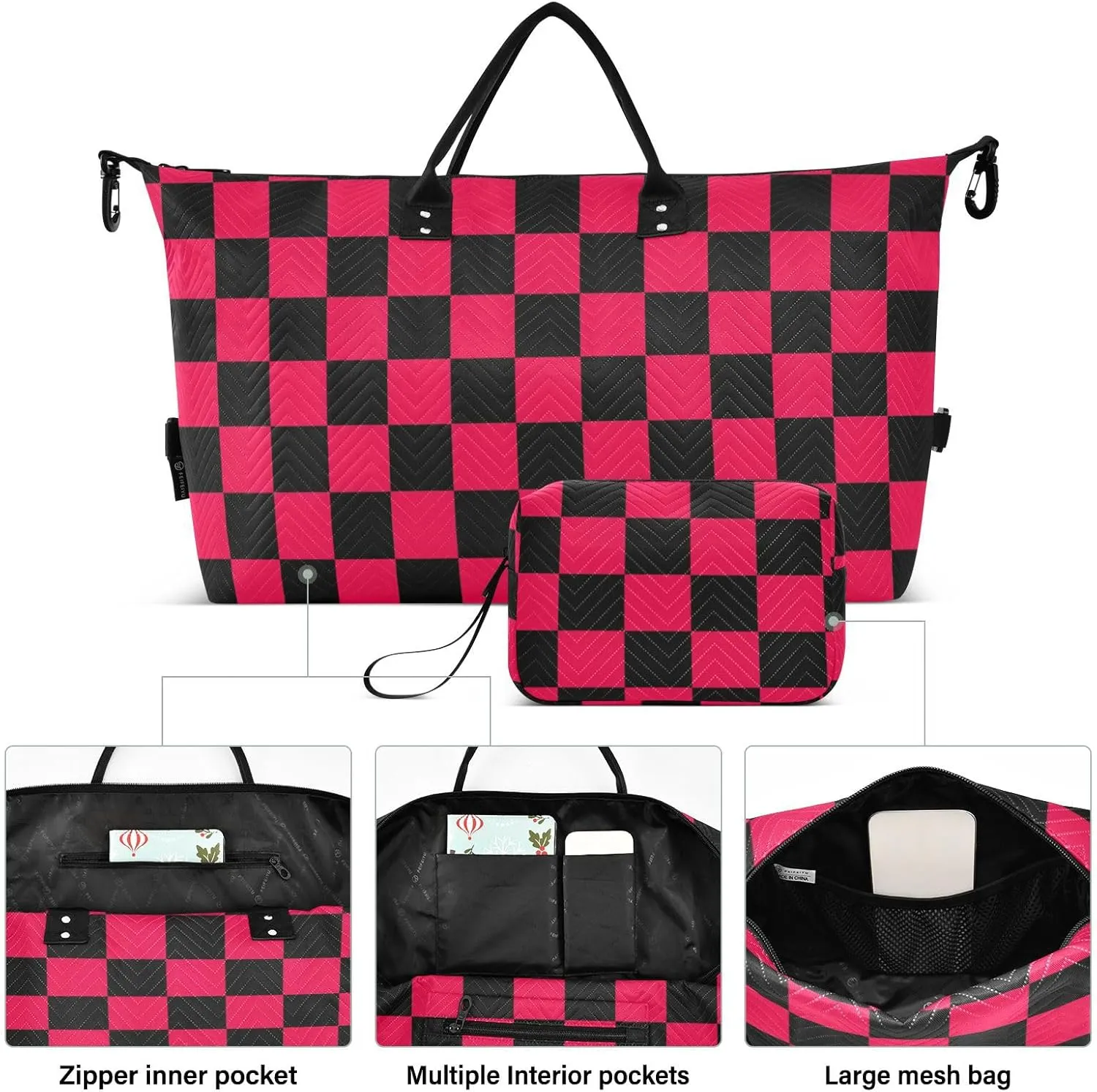 Sinestour Checkerboard Black Red Plaid Travel Duffel Bag for Men Women with Makeup Bag Weekend Overnight Carry On Bags for Travel Gym Yoga
