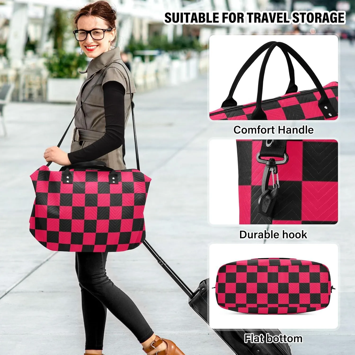 Sinestour Checkerboard Black Red Plaid Travel Duffel Bag for Men Women with Makeup Bag Weekend Overnight Carry On Bags for Travel Gym Yoga