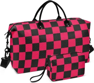 Sinestour Checkerboard Black Red Plaid Travel Duffel Bag for Men Women with Makeup Bag Weekend Overnight Carry On Bags for Travel Gym Yoga