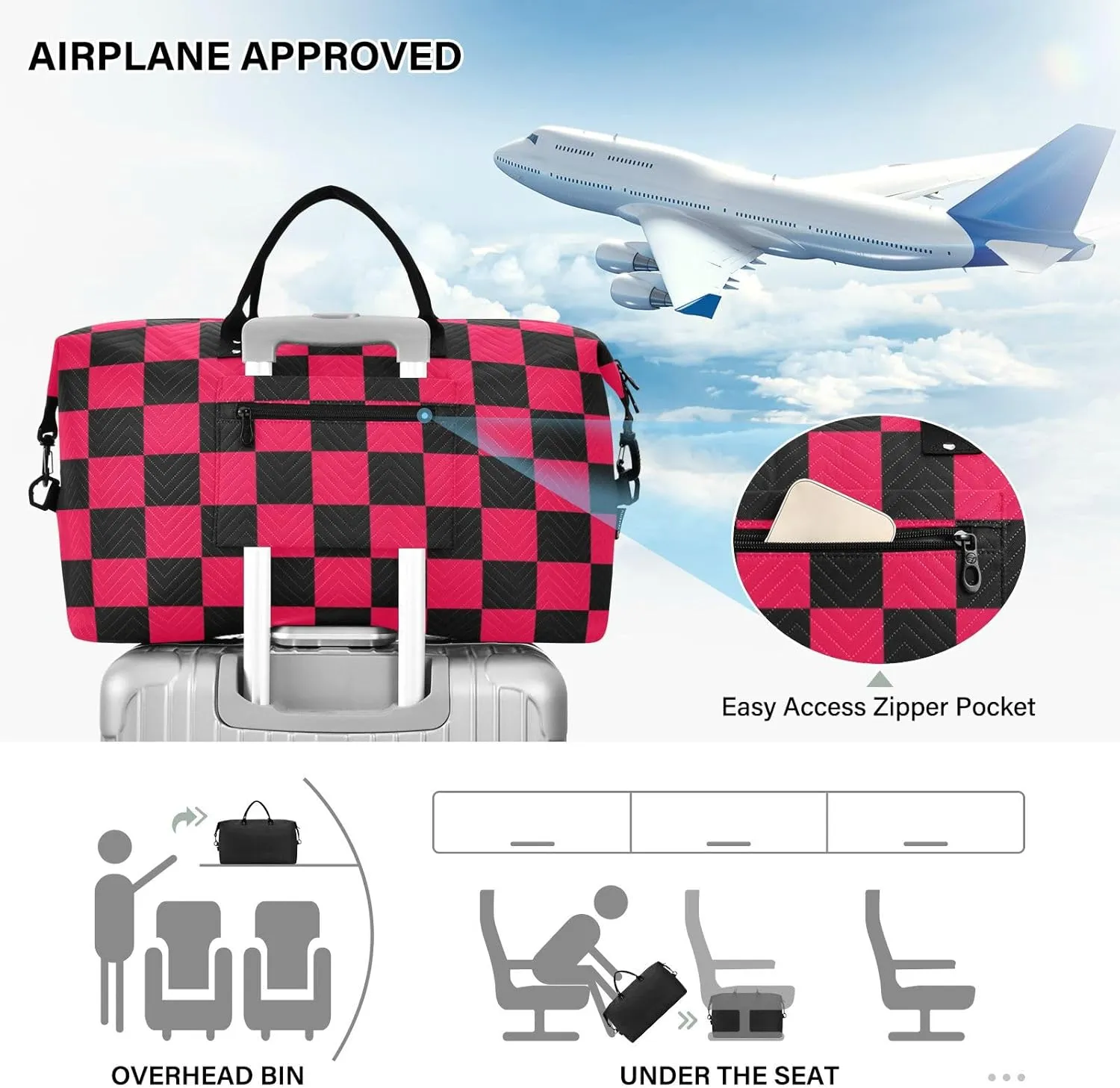 Sinestour Checkerboard Black Red Plaid Travel Duffel Bag for Men Women with Makeup Bag Weekend Overnight Carry On Bags for Travel Gym Yoga