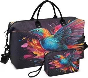 Sinestour Colorful Hummingbirds Travel Duffel Bag for Men Women with Makeup Bag Weekend Overnight Carry On Bags for Travel Yoga Gym