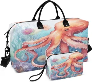 Sinestour Octopus Watercolor Sea Travel Duffel Bag for Men Women with Makeup Bag Weekend Overnight Carry On Bags for Travel Getaway Weekend