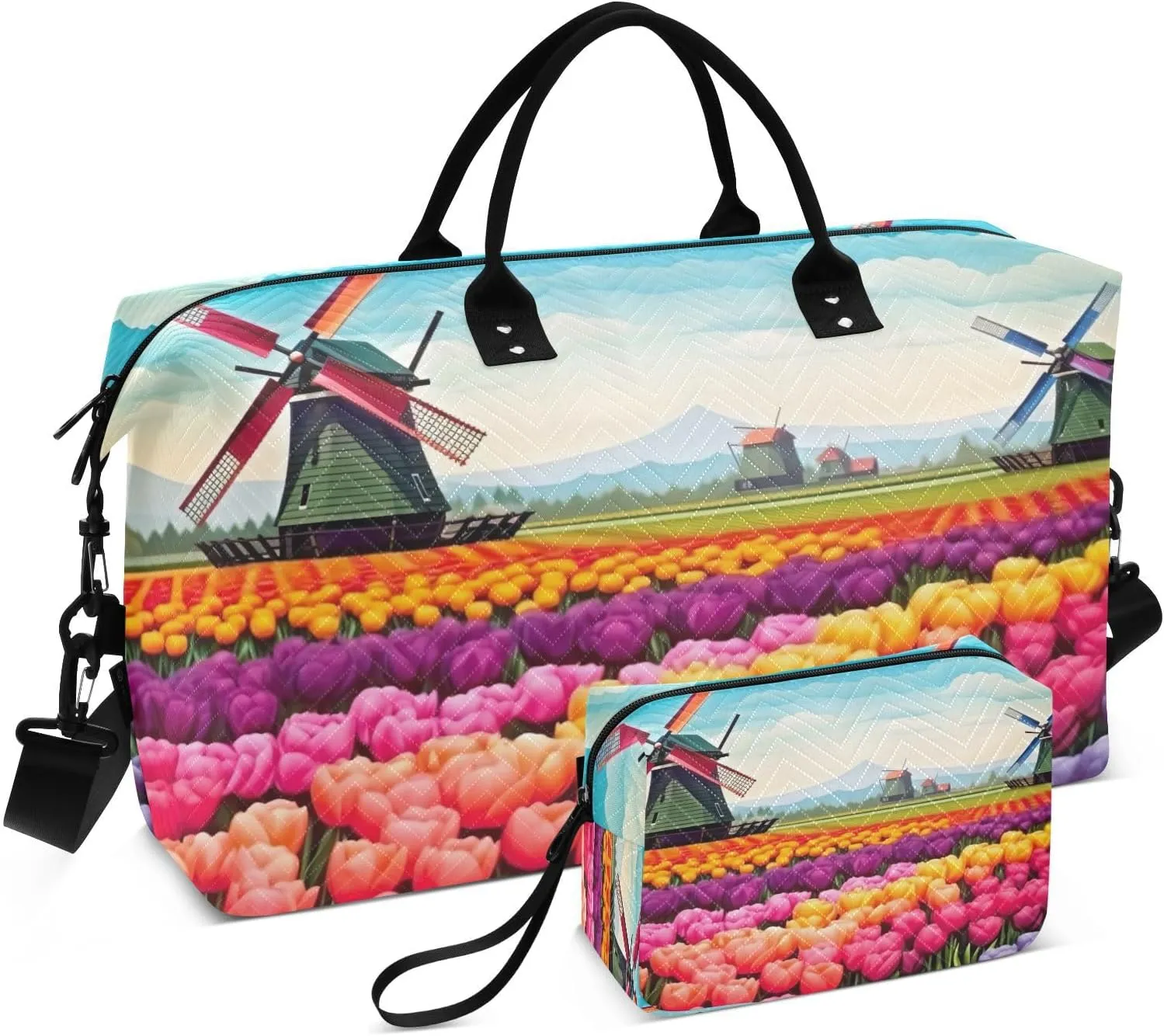 Sinestour Tulips Sky Windmill Travel Duffel Bag for Men Women with Makeup Bag Weekend Overnight Carry On Bags for Airline Under Seat Travel