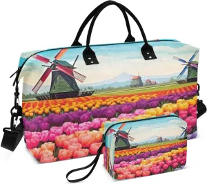 Sinestour Tulips Sky Windmill Travel Duffel Bag for Men Women with Makeup Bag Weekend Overnight Carry On Bags for Airline Under Seat Travel