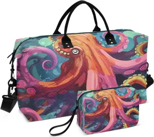 Sinestour Watercolor Octopus Travel Duffel Bag for Men Women with Makeup Bag Weekend Overnight Carry On Bags for Getaway Weekend Travel