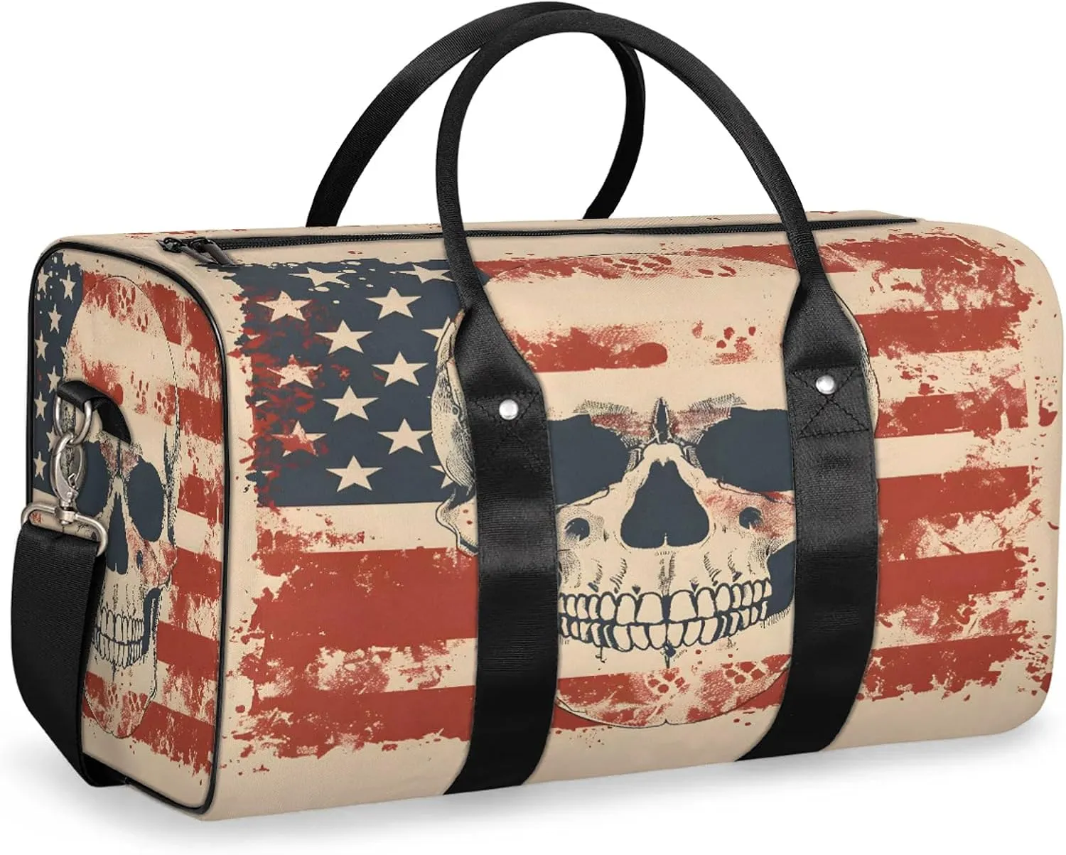 Skeleton Skull American Flag Travel Duffle Bag, Sports Gym Bags for Women Men, Carry On Weekender Overnight Workout Airplane Trips Bag