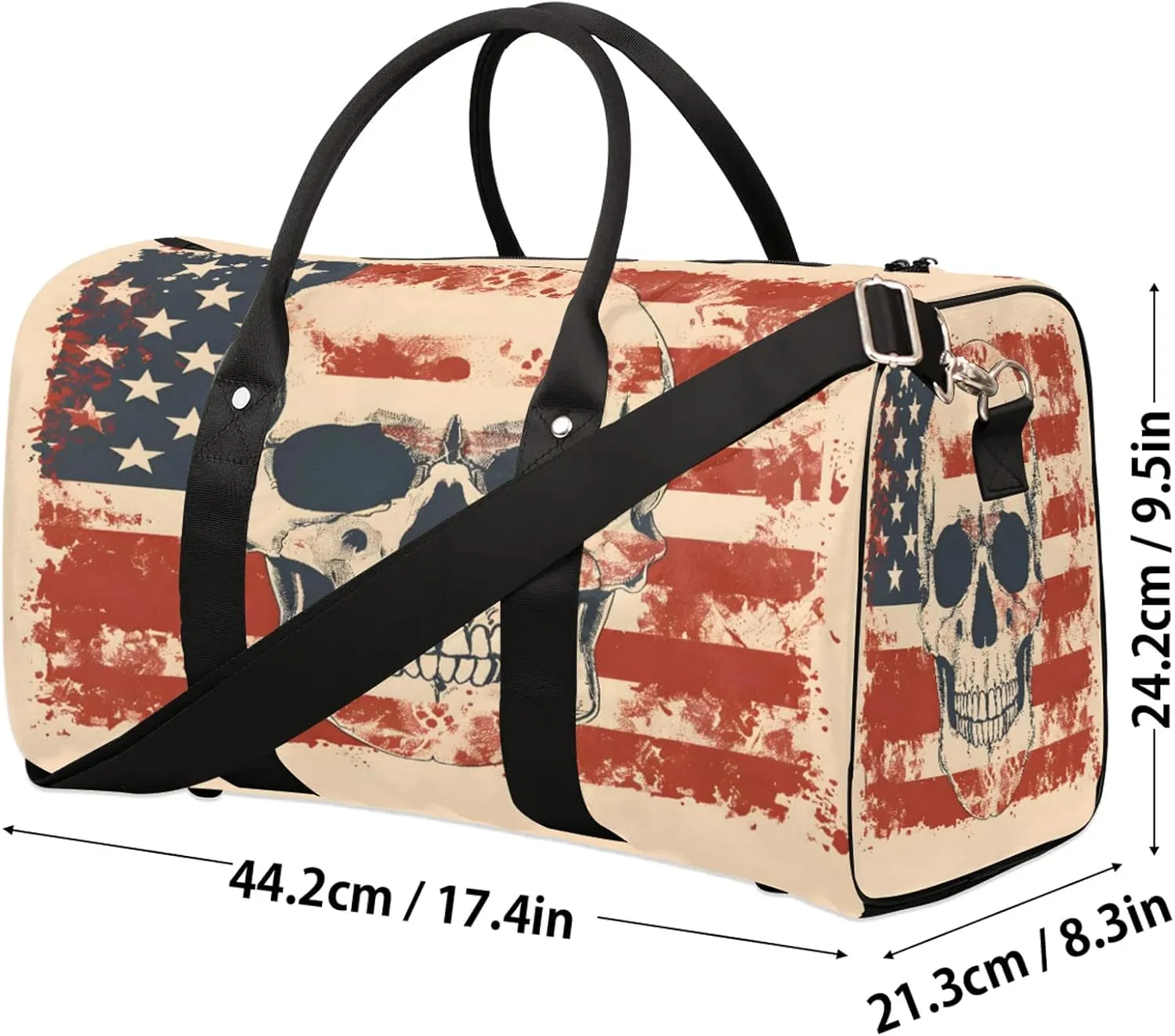 Skeleton Skull American Flag Travel Duffle Bag, Sports Gym Bags for Women Men, Carry On Weekender Overnight Workout Airplane Trips Bag